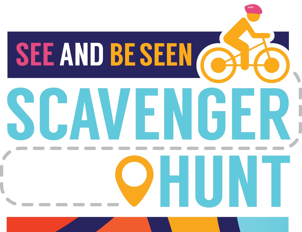 See and Be Seen Scavenger Hunt represented by a bicyclist following a map.