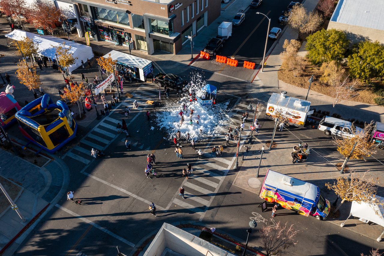 aerial view of a foam party on The BLVD