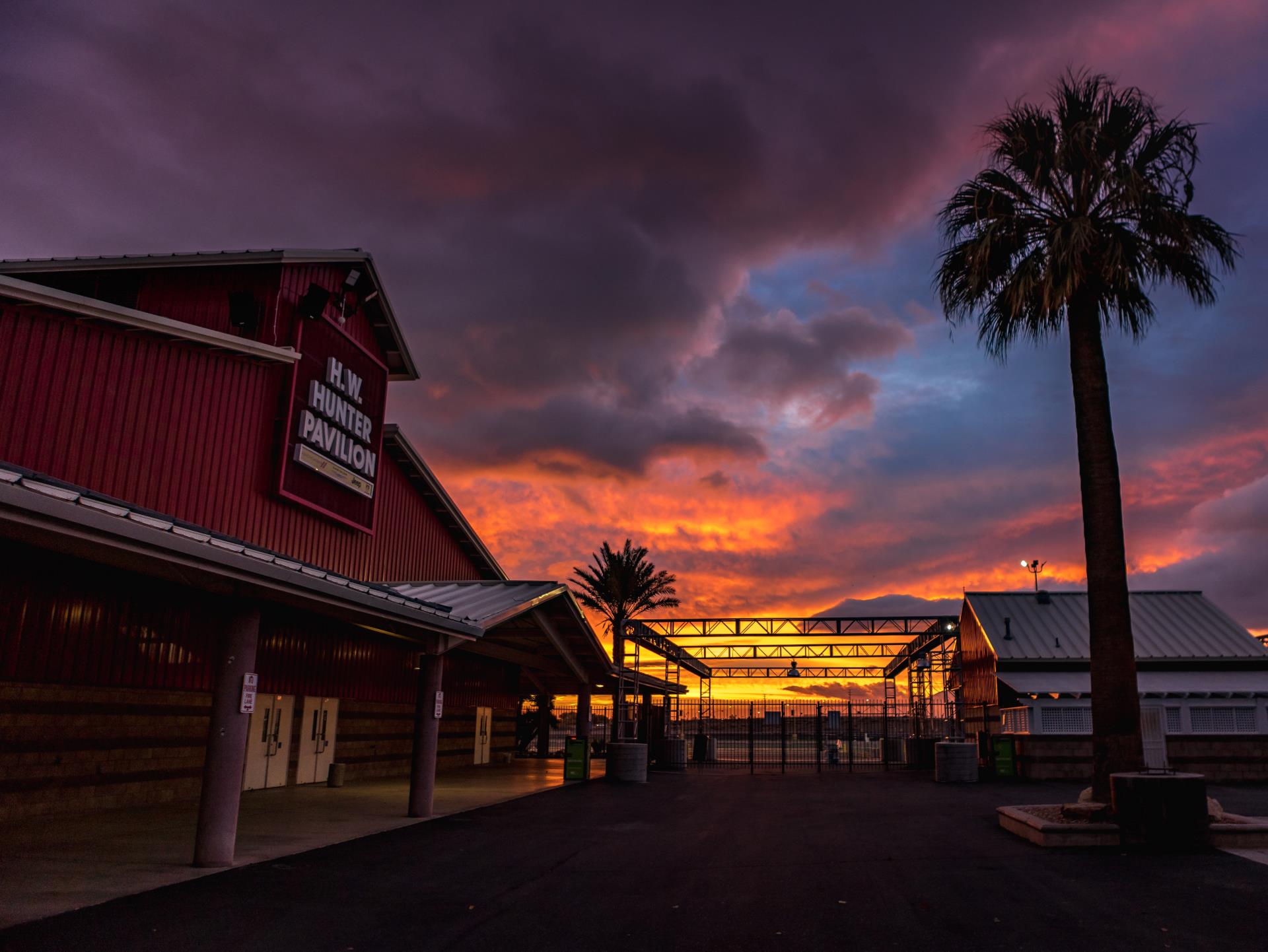 photo of AVFEC at sunset with a palm tree silhouette