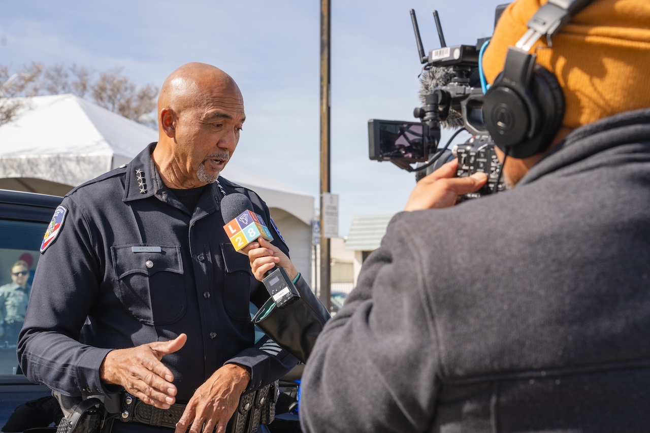 Lancaster's Police Chief Rodrick Armalin stands in an interview with local press, L28